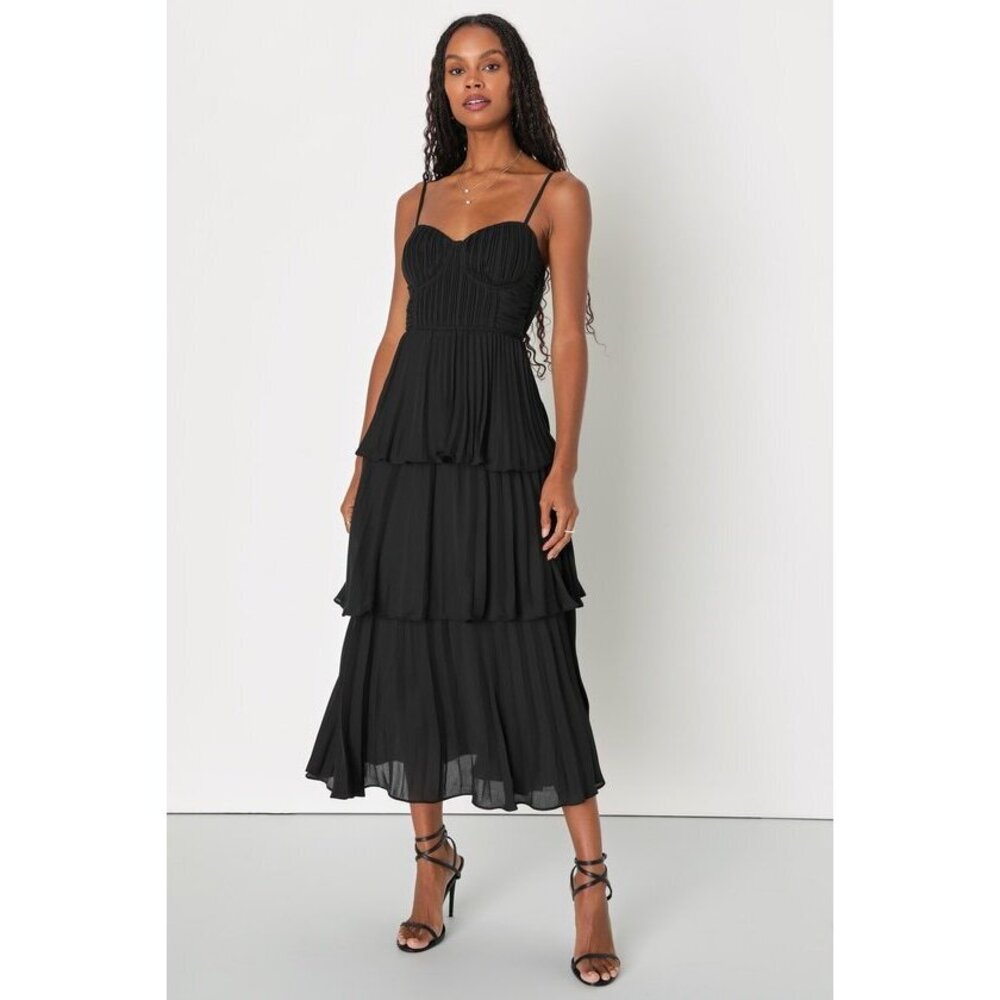 Lulus Cascading Crush Black Tiered Bustier Midi Dress - Size L